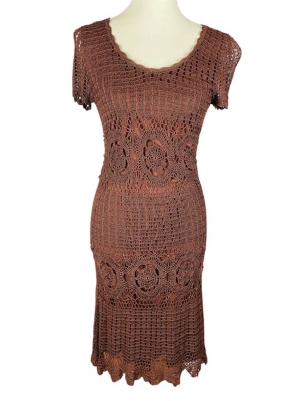 Vtg Y2K Kroshetta by Papillon Brown Midi Dress Sz M Boho Hippie Fairy Cottage